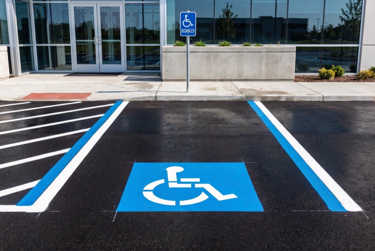 Freshly painted accessible parking space with wheelchair symbol and striped access aisle