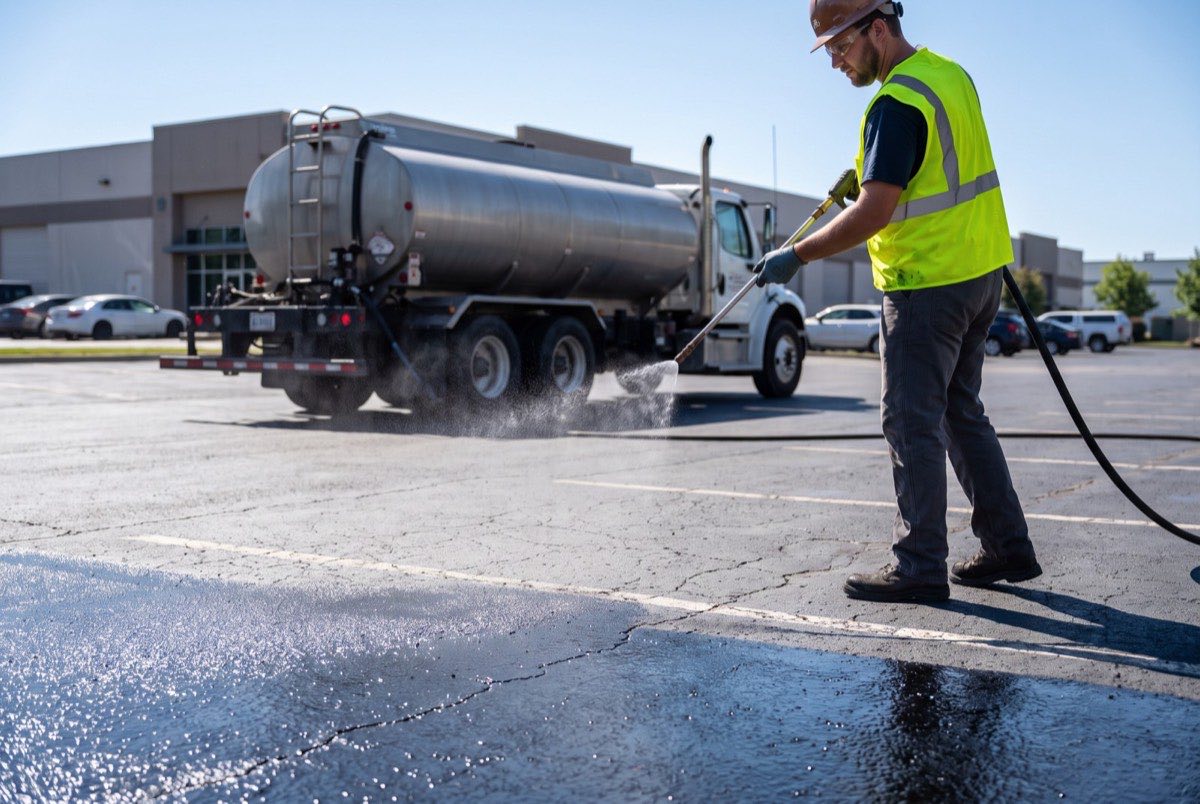 Sealcoat being sprayed onto an asphalt parking lot