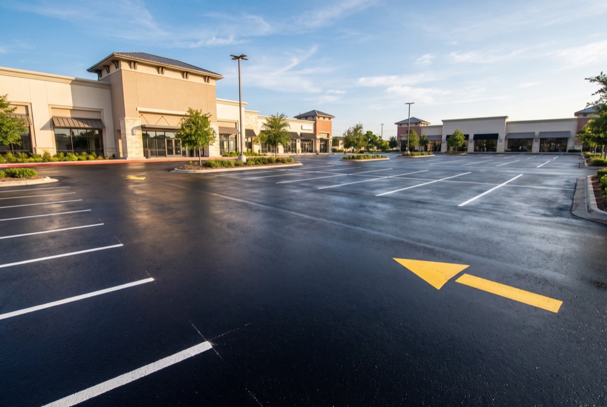 Freshly sealcoated and striped parking lot with deep black asphalt